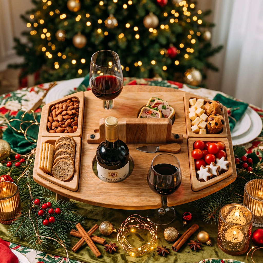 Wooden Christmas Serving Board with Wine and Snack Holders