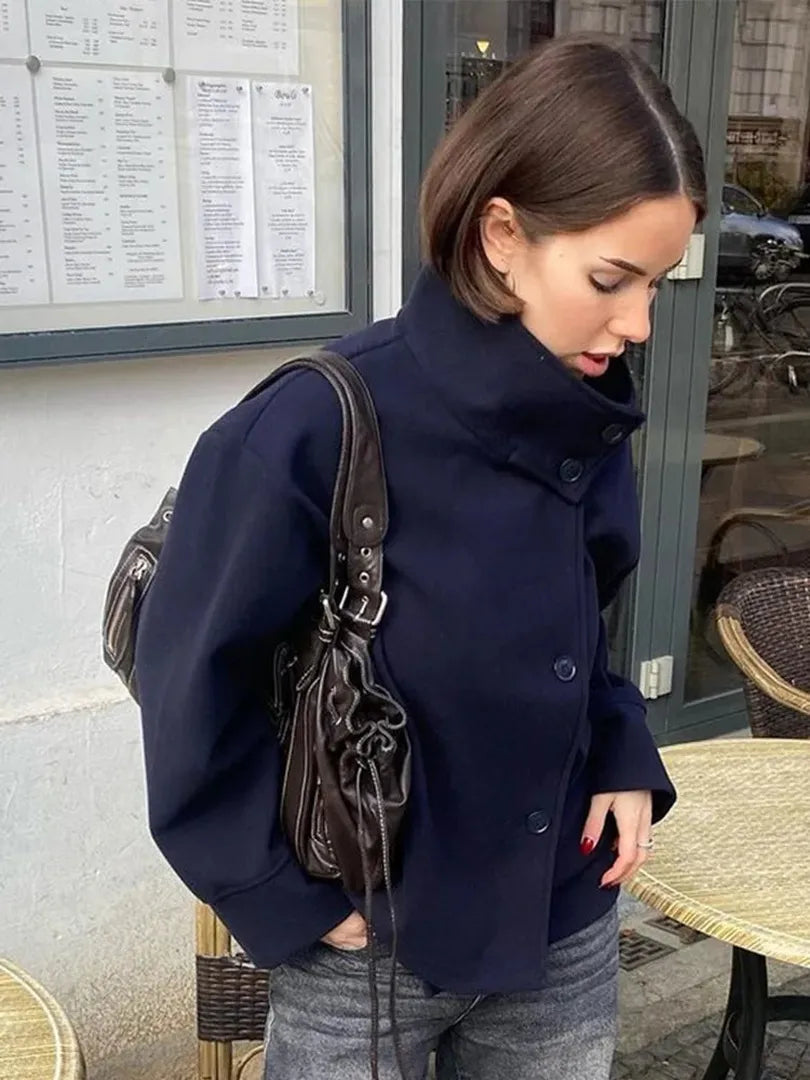 Wool Jacket with High Stand Collar and Button Closure